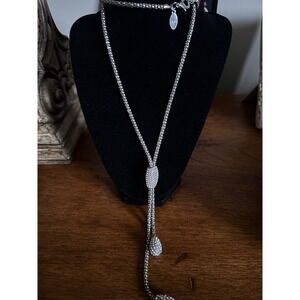 Chicos Silver Tone Rhinestone Sparkle Bolo Tie Necklace Adjustable Drop